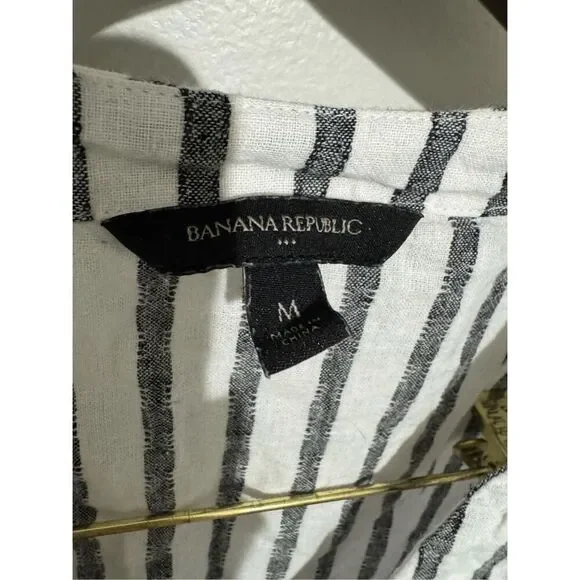 Banana Republic Top M Short Sleeve Button Up Collar Linen Blend Striped - Picture 6 of 8